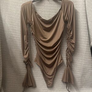 Elegant Brown Ruched Long Sleeve Bodysuit